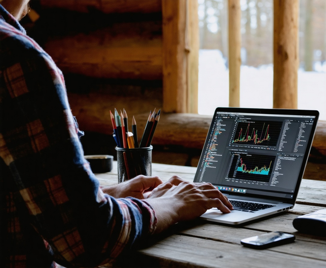 Фермер работает на ноутбуке в амбаре