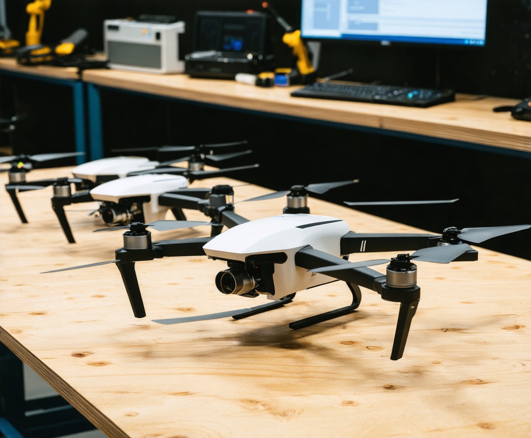 Ряд сельскохозяйственных дронов на столе в лаборатории